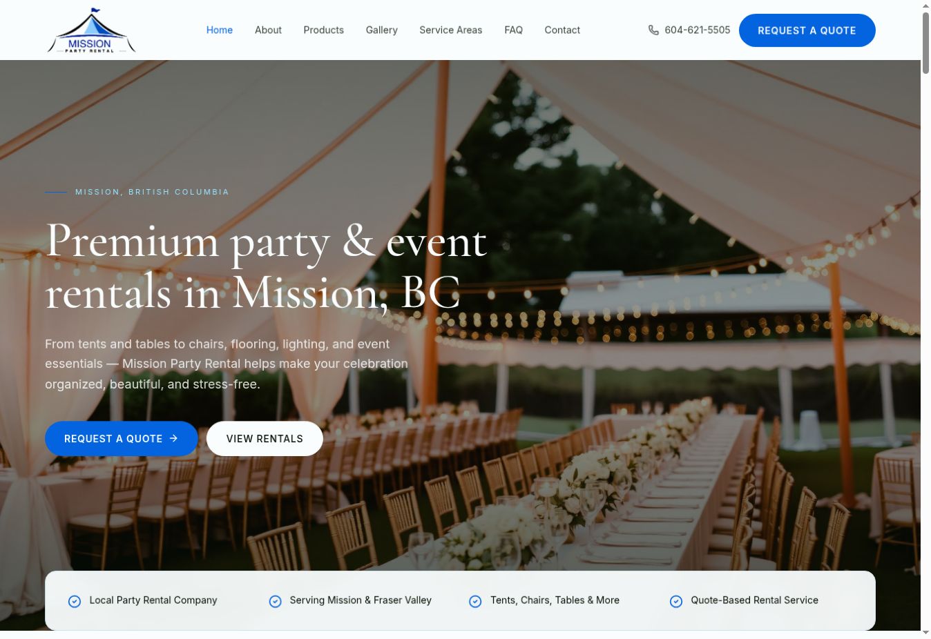 Mission Party Rental homepage designed and developed by LightSkope